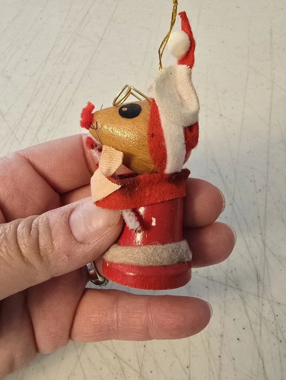 Vintage Wooden Felt Mrs. Clause Mouse Christmas Ornament STAINS SEE PHOTOS